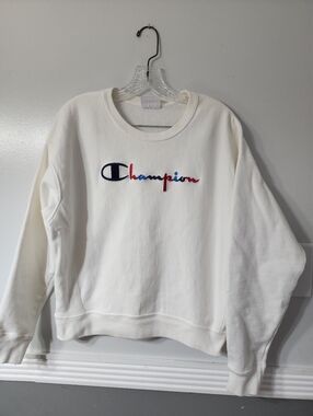 Champion White Crewneck Sweatshirt with Red & Blue Logo